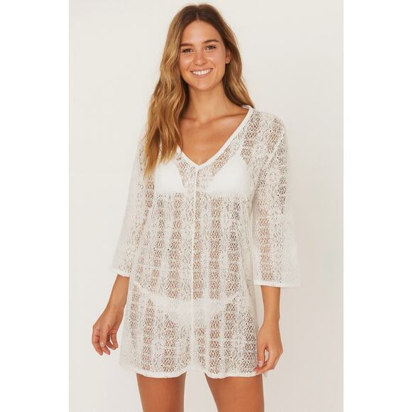 Tommy Bahama Womens White Sheer Lace Swim Cover Up Dress Tunic V-Neck Medium M - Picture 1 of 8